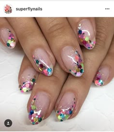 Rainbow Confetti Nails, Neon Glitter Nails Summer, Confetti Nail Art, Sequin Nails, Glitter Nails Design, Acrylic Nail Art Ideas, 2023 Spring Nails, Confetti Nails, Colors For Spring