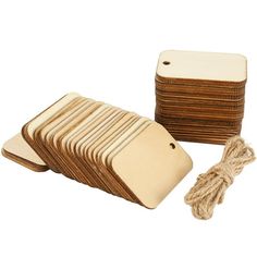 wooden coasters with rope and wood tags on white background, set of 10 pieces