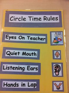 a bulletin board with words and pictures on it that read circle time rules eyes on teacher quiet mouth listening ears in lap