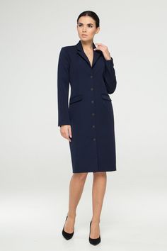 "This blazer dress would be perfect for the office or any other event that requires a more business casual dress code. - Button front fitted jacket dress - Lapel collar - Knee length (midi) - Long sleeves - With black metal buttons - Fully lined - Color: navy blue Fiber: 60% viscose, 35% polyester, 5 % elastane, lining - 95 % viscose, 5% elastane. Estimated shipping time: 10-12 business days For size S:dress length- 40,0 \" (102 cm), sleeve length 24\" (61 cm) Our model wears size S (US 6) and i Single Breasted Office Skirt Suit, Single Breasted Skirt Suit For Office, Professional Skirt Suit With Suit Collar For Formal Occasions, Office Lady Single Breasted Skirt Suit, Single-breasted Skirt Suit For Office, Formal Office Lady Long Sleeve Blazer, Single Button Skirt Suit With Suit Collar For Office, Semi-formal Office Lady Blazer, Elegant Long Sleeve Formal Midi Dress