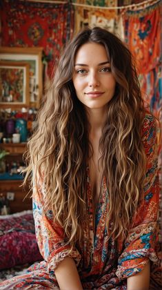 Embrace your inner free spirit with Boho chic style, featuring tousled waves and relaxed side bangs. This laid-back approach is perfect for side bangs long hair wavy and side bangs long hair side part, providing a casual yet fashionable look that’s easy to maintain Wavy Boho Hair, Long Side Bangs Curly Hair, 70s Boho Hair, Boho Hair With Bangs, Bangs Long Hair Wavy, Boho Waves Hair, Wavy Hair Cuts Long, Long Haircut For Wavy Hair, Wavy Long Hair Styles