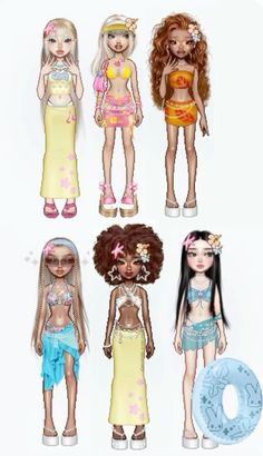 six dolls are shown in different poses