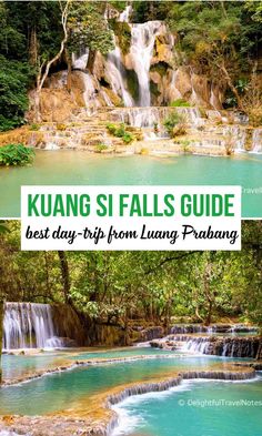 collage of Kuang Si Waterfall in Luang Prabang, Laos Waterfall Park, Butterfly Park, Elephant Camp, Autumn Park, Natural Pool