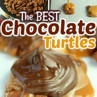 the best chocolate turtles recipe book is on display with other desserts in the background