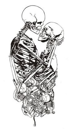 a drawing of two skeletons sitting on top of each other with their arms around each other