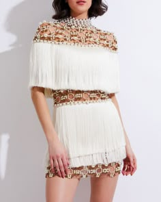 Hand-Beaded Pearl and Fringe Mini Dress (RUNWAY) Mini Dress Runway, Beaded Dress Short, Dress Runway, Cocktail Dress Yellow, Halterneck Mini Dress, Fringe Mini Dress, Kelsea Ballerini, Runway Dresses, Runway Collection