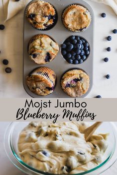 blueberry muffins in a muffin tin with the title overlay reading moist jumbo blueberry muffins