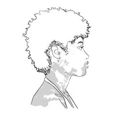 a black and white drawing of a man with curly hair