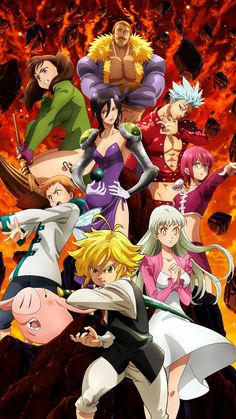 an anime movie poster with all the characters in front of a blazing fire and rocks