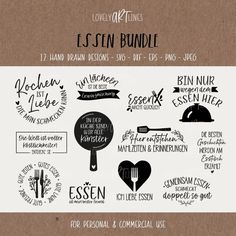 the love of cooking bundle is shown in black and white, with handwritten lettering