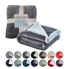 the cozy time blanket is shown in multiple colors and sizes, including one with a sherp