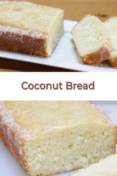 two pictures showing different types of coconut bread on white plates with text overlay that reads, coconut bread