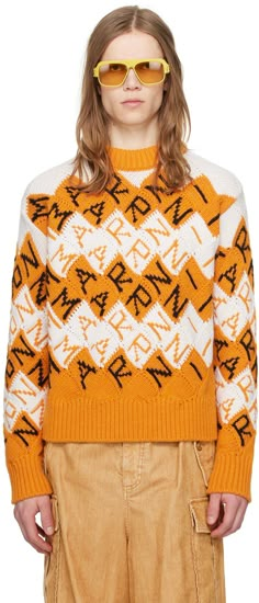 Knit virgin wool- and alpaca-blend sweater. · Jacquard check and logo pattern throughout · Rib knit crewneck, hem, and cuffs Supplier color: Light orange Yarn Hanging, Argyle Pattern, Jacquard Sweater, Sweater Dress Women, Trench Coats Women, Tracksuit Women, Knit Crewneck, Sweaters Knitwear, Knit Shirt