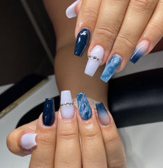 50 Rhinestone Nail Designs for a Fashionable Look Blue Coffin Nail Designs, Blue Ombre Nail, Jeweled Nails, Marilyn Nails, Ombre Nail Ideas, Royal Blue Nails Designs, Coffin Nail Designs, Blue Ombre Nails, Blue Coffin Nails