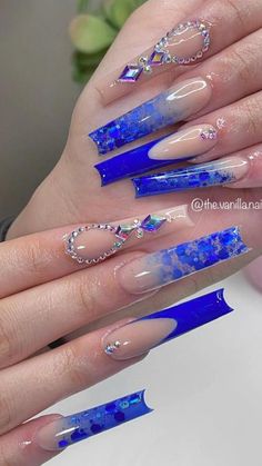 Nails Blue And Silver, Prom Nails Blue, Nail Inspo Blue, Blue And Silver Nails, Prom Nails Silver, Quinceanera Nails, Royal Blue Nails, White And Silver Nails