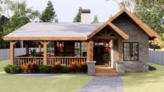 this is a computer rendering of a small cabin style house with porches and windows