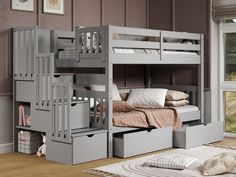 a bunk bed with drawers underneath it and a ladder on the bottom level, in front of a window