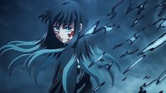 an anime character with long black hair and blue eyes, standing in front of dark clouds