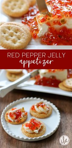 red pepper jelly appetizer on a plate with crackers