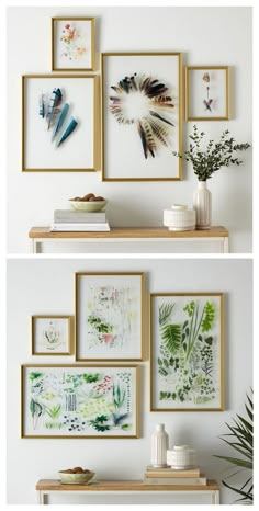 two pictures are hanging on the wall above a shelf with flowers and plants in them