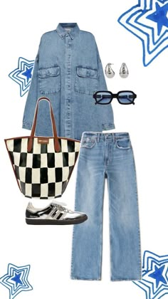 a woman wearing blue jeans and black and white checkerboard bag, with sunglasses on her head