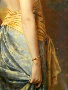 a painting of a woman in a blue and gold dress with her back turned to the camera