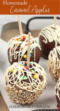 homemade caramel apples with white chocolate and sprinkles on top are ready to be eaten