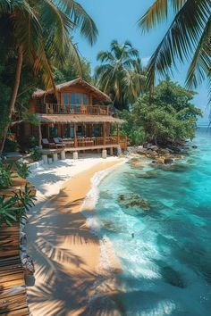 a tropical beach house with palm trees and clear blue water