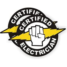 the certified electrician sticker is shown in black and yellow with lightning bolt on it