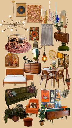 a collage of furniture and decor items in various sizes, colors, and shapes