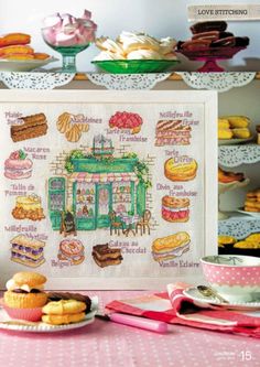 there is a cross stitch pattern on the table with cupcakes and other pastries