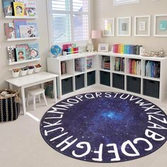 a child's room with bookshelves and toys