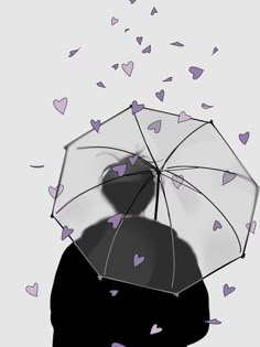 two people under an umbrella with hearts falling from the top and on to them,