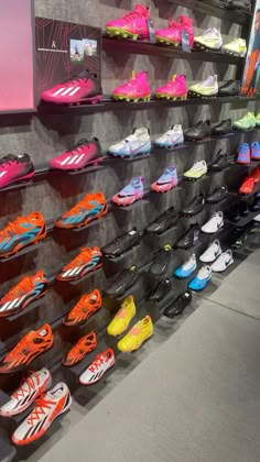 many pairs of shoes are on display in a store