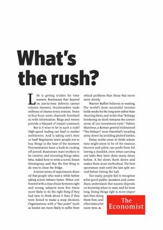 an article in the magazine what's the rush?, with black and white text