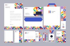 the stationery is designed with colorful geometric shapes and lines, including an envelope, notepad