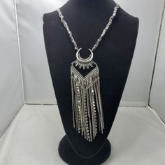 Bke Bohemian Statement Necklace Silver-Black Chain And Rhinestones 24 Inch Length With 6 Inch Tassel Adjustable Metal Necklaces With Bling, Silver Alloy Rhinestone Necklace, Silver Rhinestone Necklace In Alloy, Adjustable Metal Bling Necklaces, Adjustable Sparkly Metal Necklaces, Silver Adjustable Rhinestone Costume Necklace, Metal Dangle Crystal Necklace For Party, Adjustable Silver Rhinestone Costume Necklace, Metal Crystal Dangle Necklace For Party