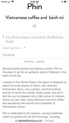 the vietnamese coffee and banh mii menu is displayed on an iphone screen, with information about it