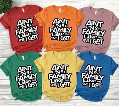 six t - shirts with the words ant and family on them in black, red, yellow, green, blue