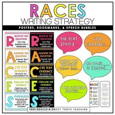 race writing strategy poster with speech bubbles and words in different colors, including the word race