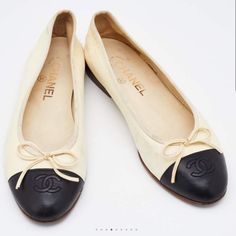 Authentic Chanel Beige Lambskin Cap Toe Ballerina Flats Size 37 (6.5) Excellent Pre-Loved Condition See Pics For Condition And Any Markings Color: Tan With Black Toe Size: 37 Or 6.5 **First Photo Is Stock Photo Shown For Style** Smoke Free Home Ships Same Day Or Next Business Day Bundle And Save! Open To Reasonable Offers! Chanel Ballet Shoes, Chanel Cap Toe, Chanel Ballet Heels, Chanel Two Tone Ballet Flats, Chanel Black Flats, Chanel Flats, Chanel Shoes, Ballerina Flats, Black And Tan