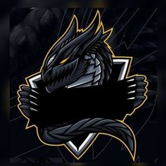 a black and yellow dragon emblem on a dark background with an empty banner in the center