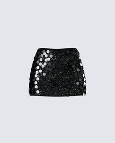 Lights, camera, sparkle ✨ With large metallic circle sequins, a fitted style, and a low-rise fit - this black mini skirt will take any girls' night out to the next level 🖤 Black Sparkle Skirt, Embellished Black Mini Skirt, Sequence Skirts, Black Sparkly Skirt, Black Sequin Mini Skirt, Beaded Fringe Trim, Sequence Skirt, Silver Clothing, Glitter Skirt