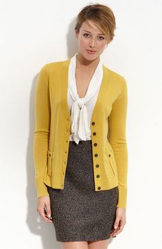 Teacher outfit Working woman clothing office chic intern Cardigan Outfit Business, Cardigan Outfit Business Casual, Pencil Skirt And Blouse, Cute Office Outfits, Interview Outfits Women, Mustard Cardigan, Interview Outfits, Cute Work Outfits, Cardigan Outfit