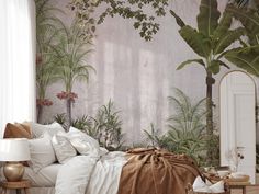 a bed sitting under a mirror next to a plant covered wall