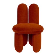 an orange chair sitting on top of a white floor next to a red object with two legs