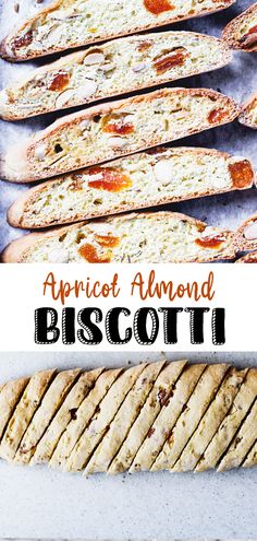 an assortment of biscotti breads on a baking sheet with the words, apricot almond biscotti