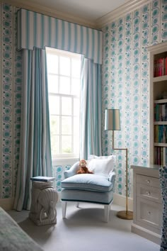 a teddy bear is sitting on a chair in the corner of a room with blue and white wallpaper