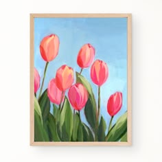 an oil painting of pink tulips against a blue sky