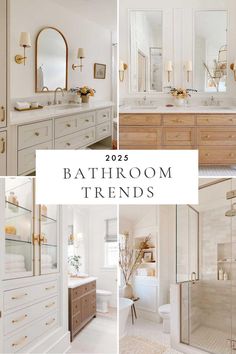 the bathroom is all white and has gold trimmings on the cabinets, drawers, and